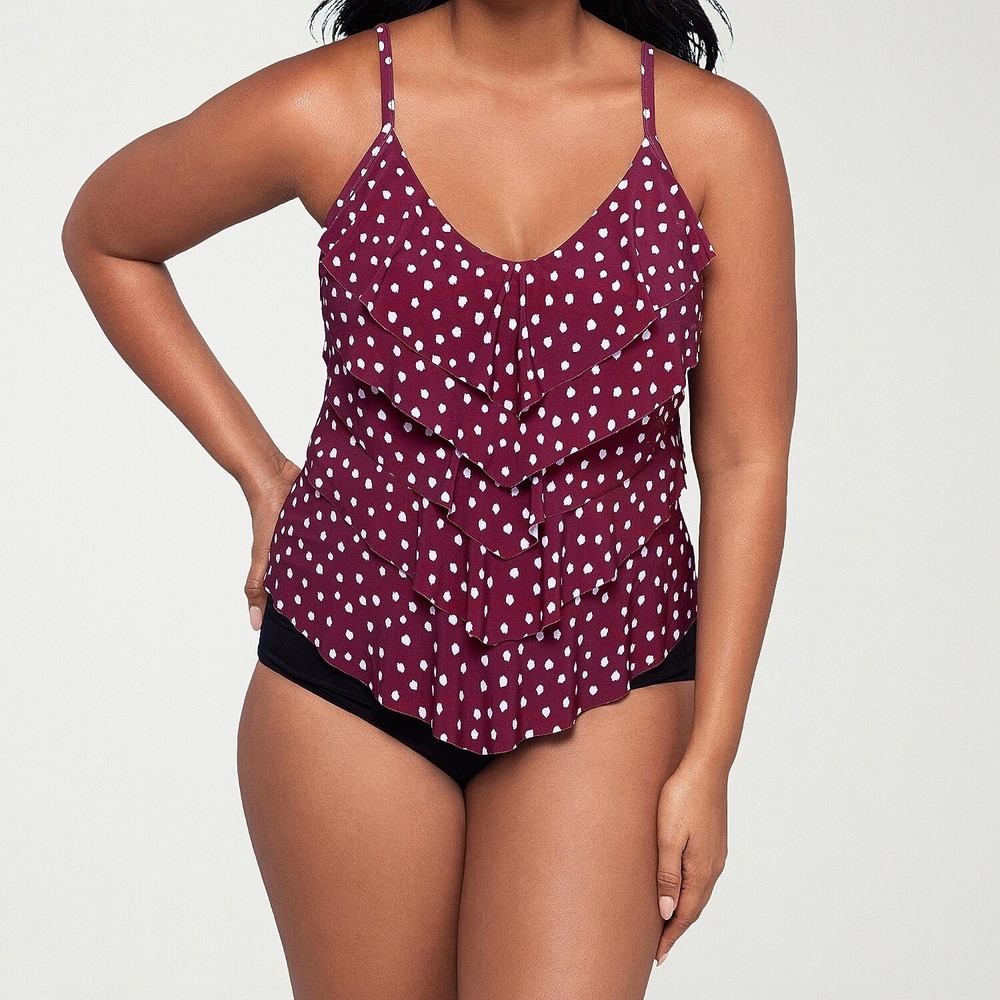 MSRP $64 Trimshaper Women's 14 Cherry Wine Dots Tankini Swimsuit Top Only